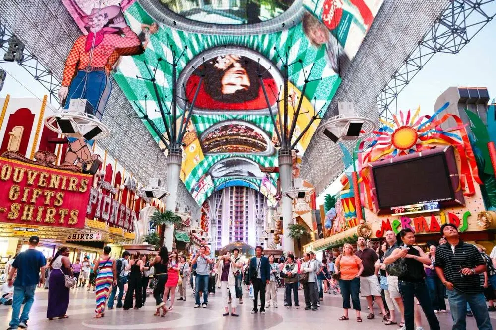 Crowds under the canopy at Fremont Street in downtown Las Vegas.
