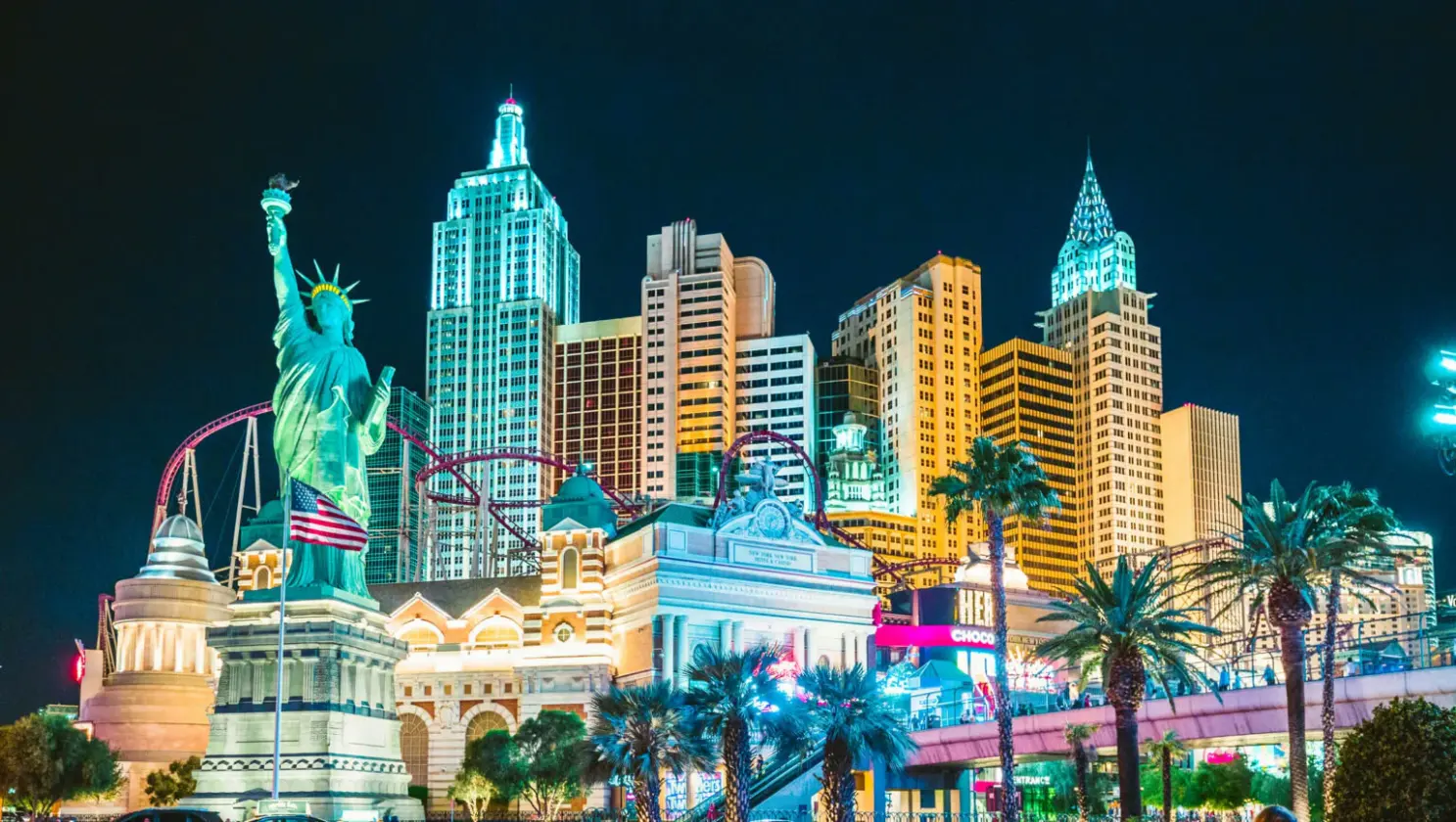 The New York-New York skyline on the Las Vegas Strip at night.